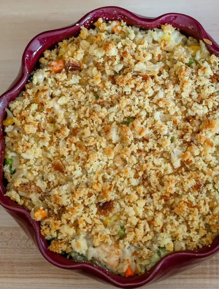 turkey and rice casserole in a baking dish