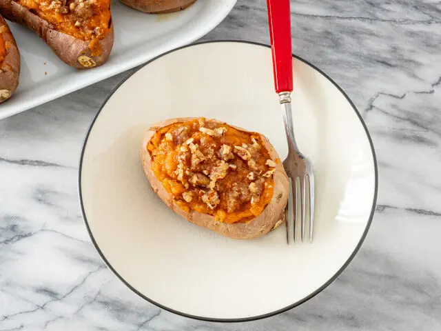 1 twice baked sweet potato on a plate