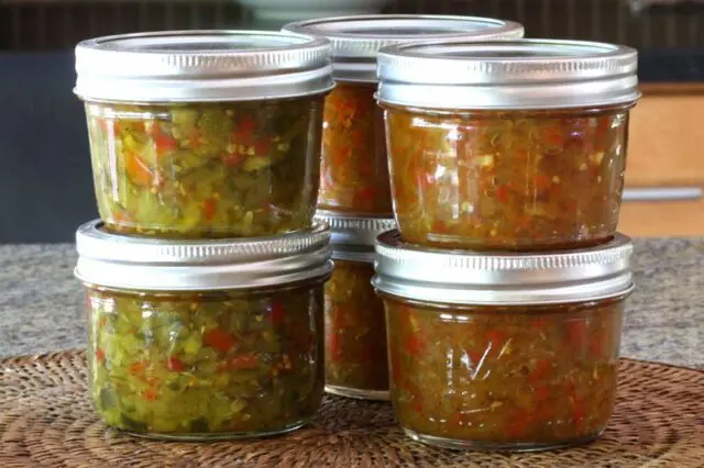 two kinds of tomato relish, including green tomato relish