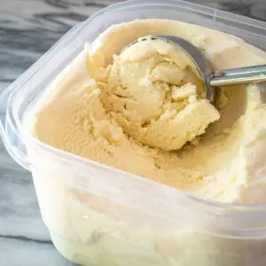 vanilla ice cream in a container with scoop