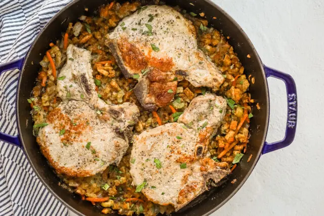 Baked weeknight pork chop and stuffing casserole.