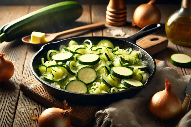 Zucchini and onions in a skillet.