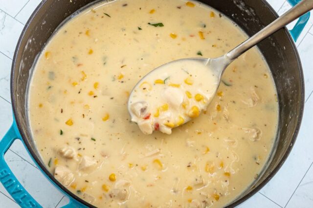 Dutch oven with 20-minute chicken chowder recipe.