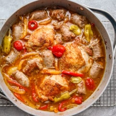 Chicken scarpariello with chicken thighs, sausages, and peppers