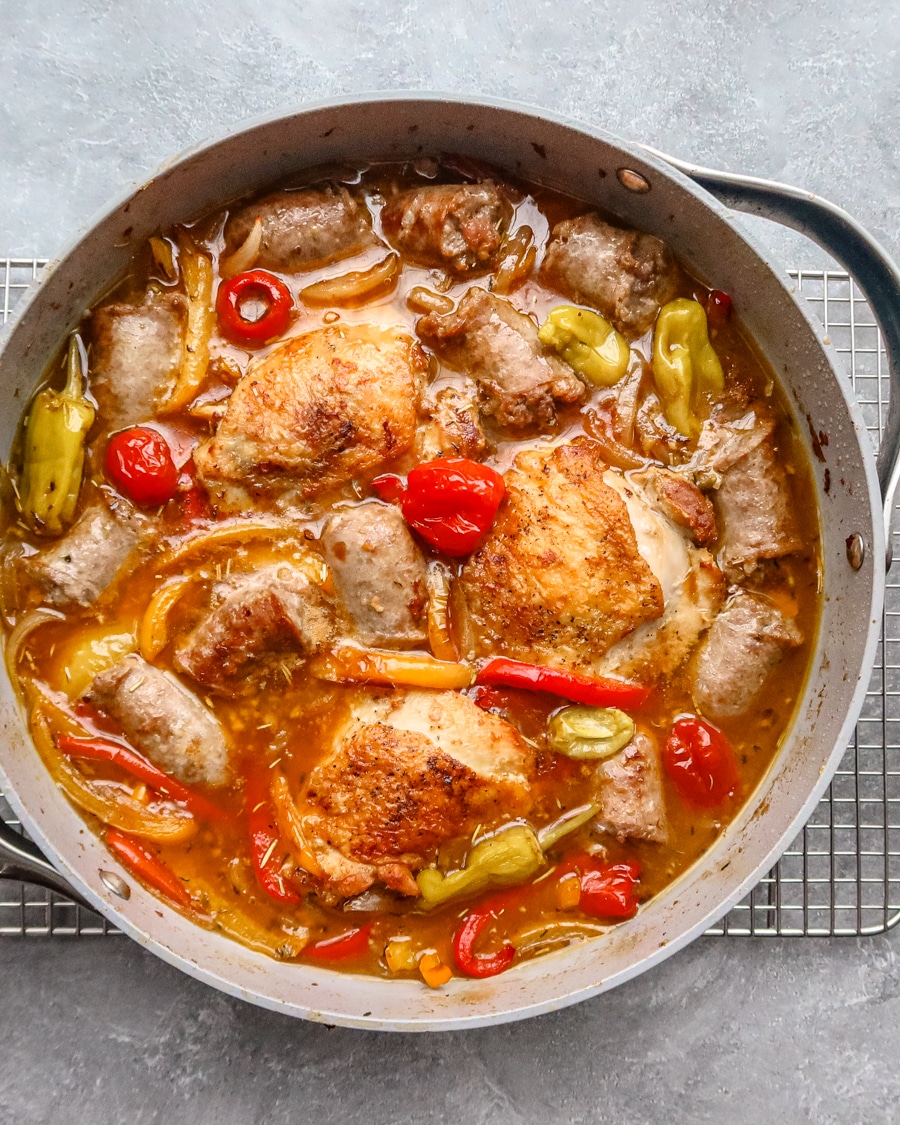 Chicken scarpariello with chicken thighs, sausages, and peppers