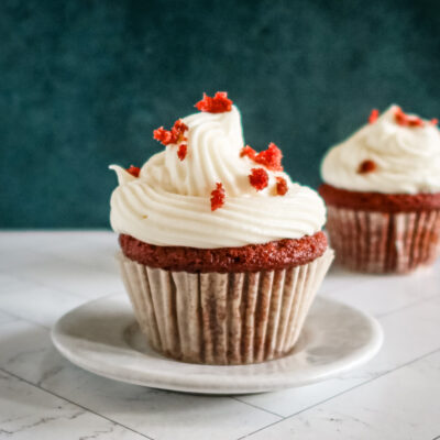 A red velvet cupcake with another one in the background