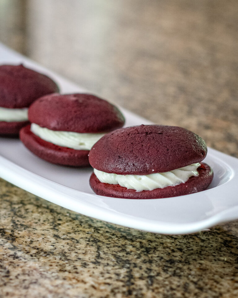 red velvet whoopie pies on a small serving tray