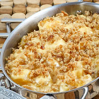 A baking dish with rutabaga gratin with breadcrumb topping and cheese.