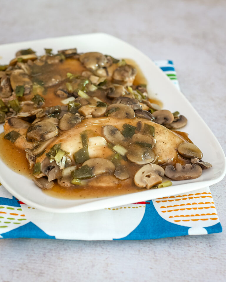 slow cooker chicken marsala on a serving tray