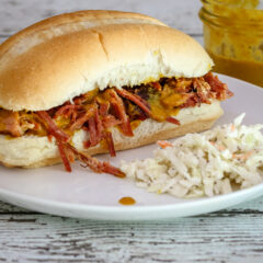 Smoked picnic pulled pork with mustard sauce
