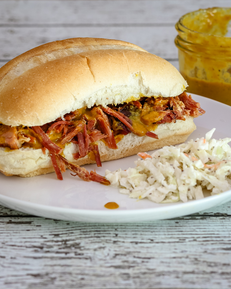 Smoked picnic pulled pork with mustard sauce