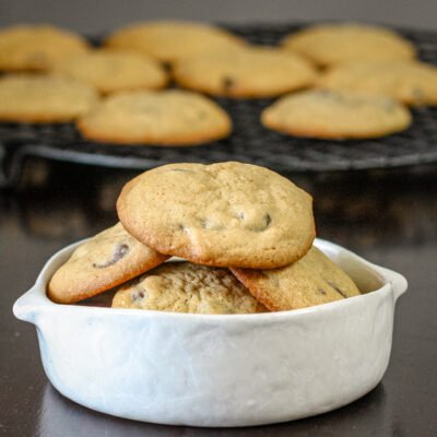 soft chocolate chip cookies in a bowl
