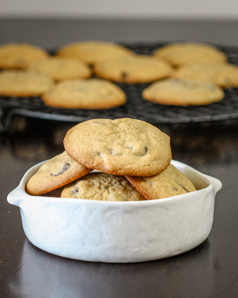 soft chocolate chip cookies in a bowl
