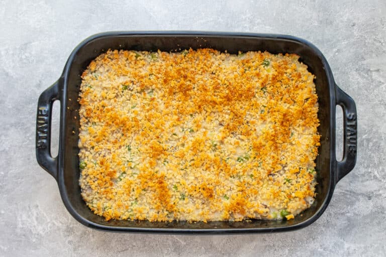 orzo in a baking dish with breadcrumb topping, baked.