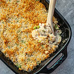 Casserole dish with tuna and orzo with crunchy breadcrumb topping.