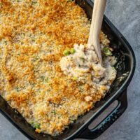 Casserole dish with tuna and orzo with crunchy breadcrumb topping.