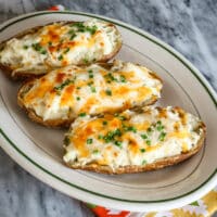 a serving platter with twice baked potatoes topped with cheese.