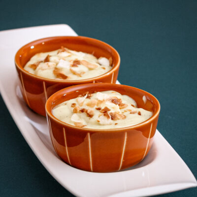 Vanilla Pudding with toasted coconut.