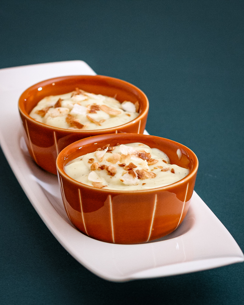 Vanilla Pudding with toasted coconut.