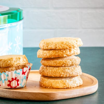 A stack of vanilla sable shortbread cookies.
