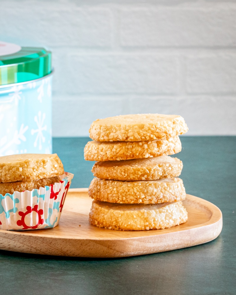 A stack of vanilla sable shortbread cookies.