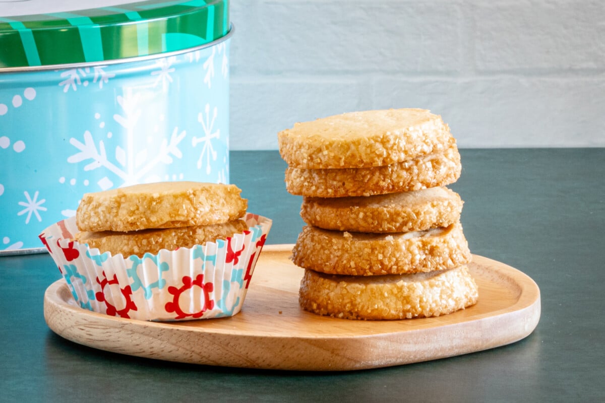 A stack of vanilla sable shortbread cookies.