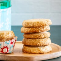 A stack of vanilla sable shortbread cookies.