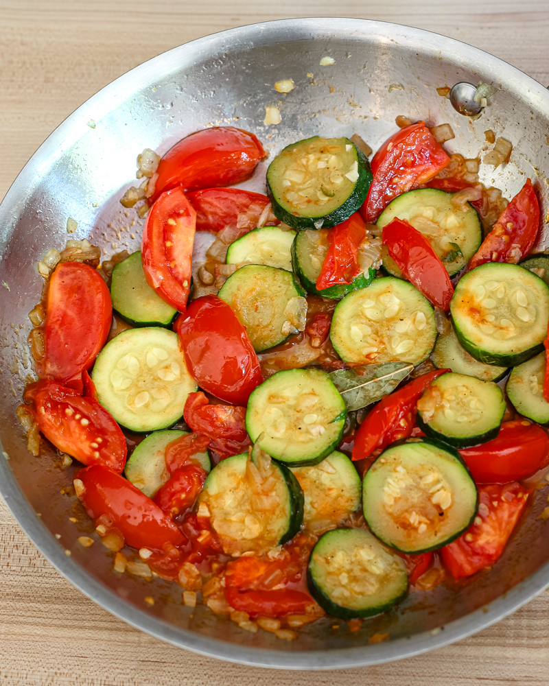 zucchini and tomatoes in a skillet