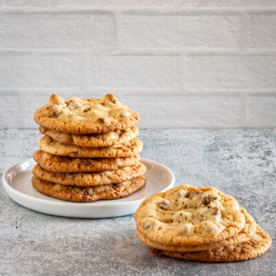 A stack of chewy bisquick chocolate chip cookies