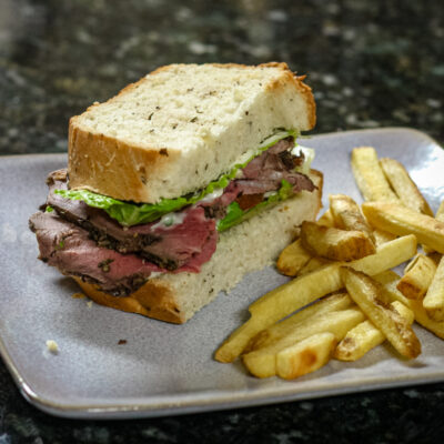 Bread machine herb and mustard bread sandwich with roast beef and mayo