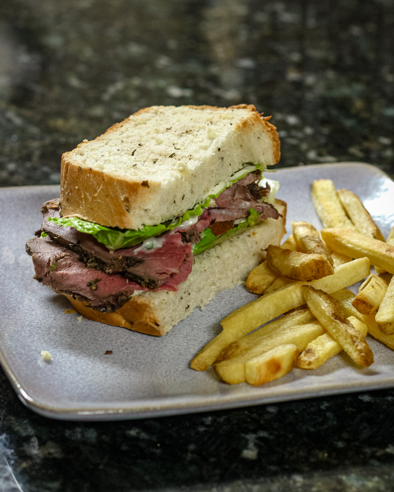 Bread machine herb and mustard bread sandwich with roast beef and mayo