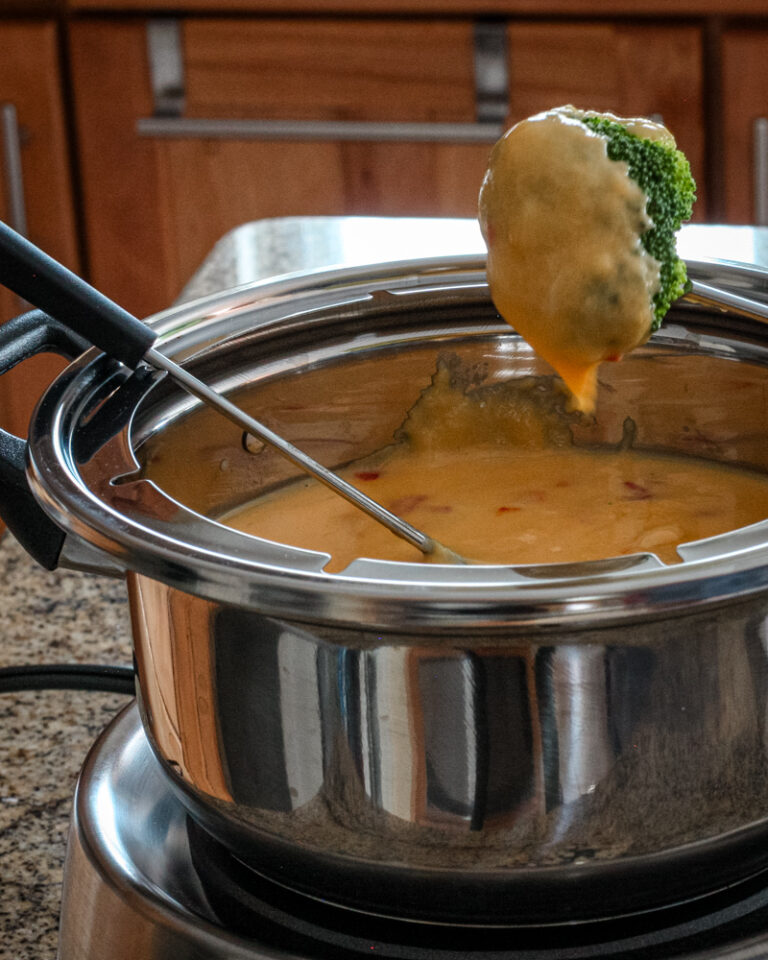 A retro cheese fondue with roasted red pepper