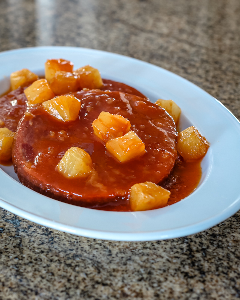 Ham steaks with pineapple on a platter