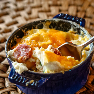 Breakfast casserole with eggs and sausage in a mini cocotte