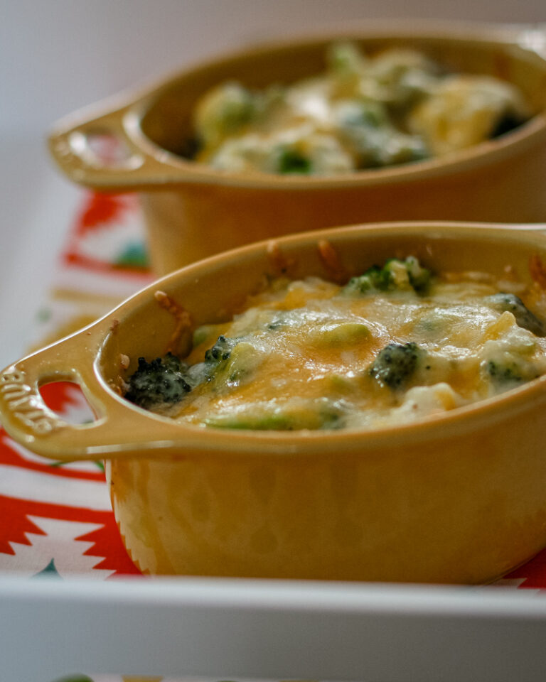 Broccoli, rice, and cheese casseroles baked in mini cocottes