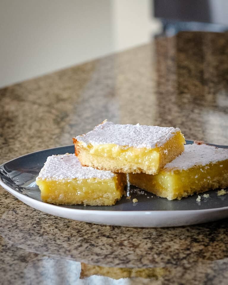 A plate of lemon bars topped with confectioners sugar.