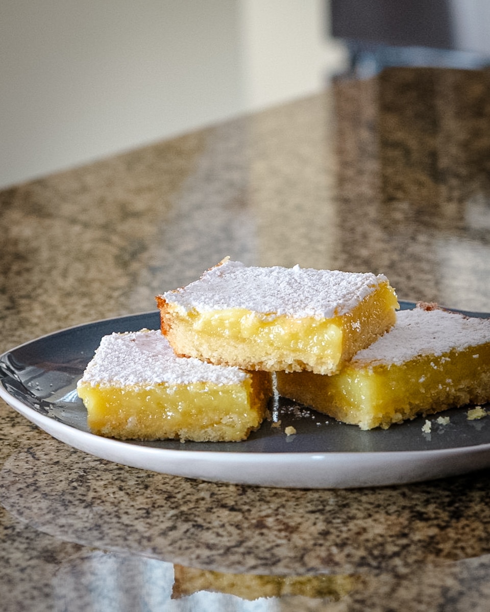 A plate of lemon bars topped with confectioners sugar.