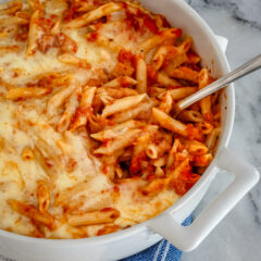 Penne pasta casserole in the baking dish