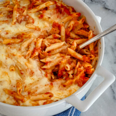 Penne pasta casserole in the baking dish