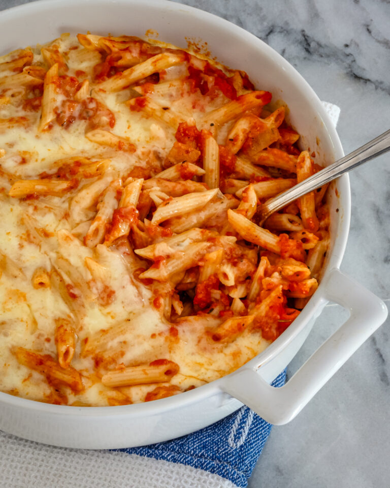 Penne pasta casserole in the baking dish