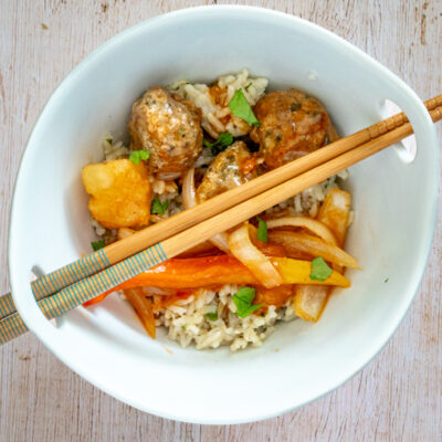 sweet and sour pork meatballs with stir-fried vegetables