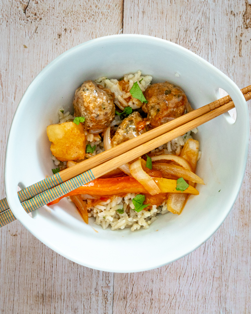 sweet and sour pork meatballs with stir-fried vegetables