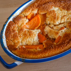 A sweet potato cobbler in the baking dish.