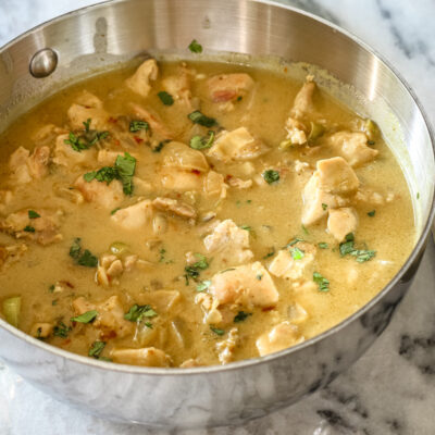 An easy Thai style chicken curry in a saucepan.