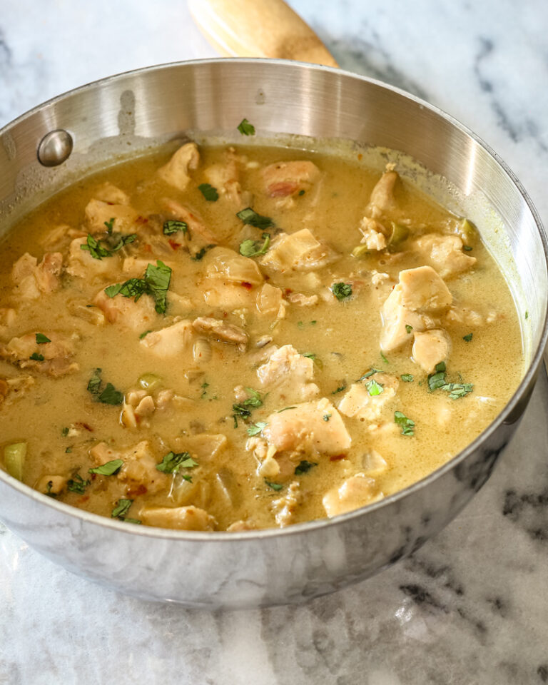 An easy Thai style chicken curry in a saucepan.