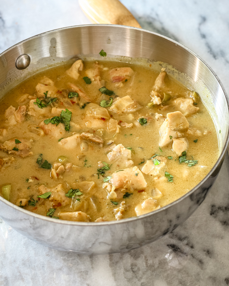 An easy Thai style chicken curry in a saucepan.