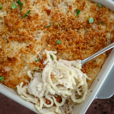 Tuna tetrazzini in the baking dish