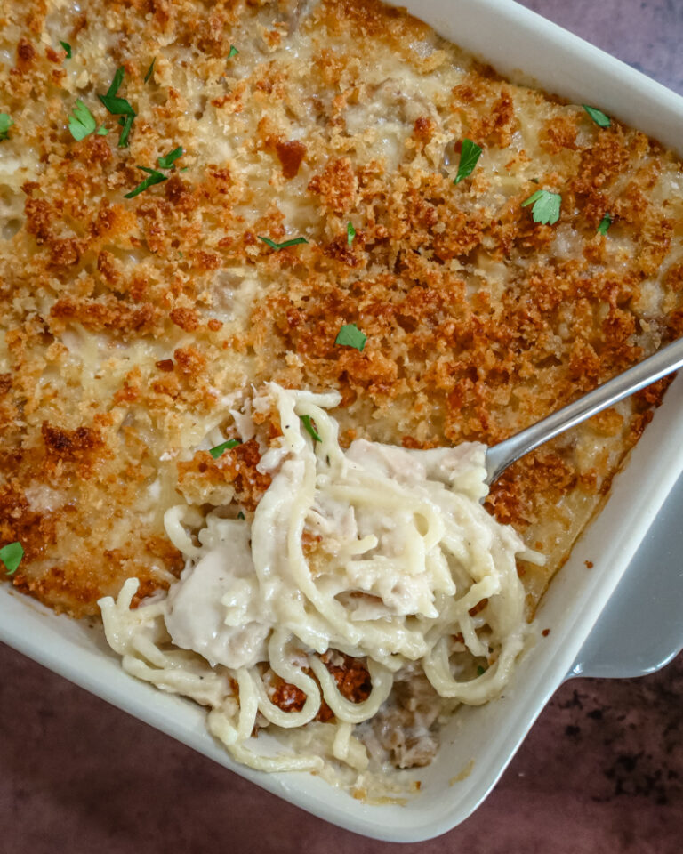 Tuna tetrazzini in the baking dish