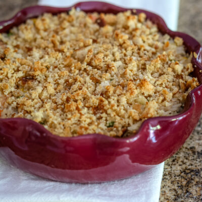 turkey and rice casserole in a baking dish