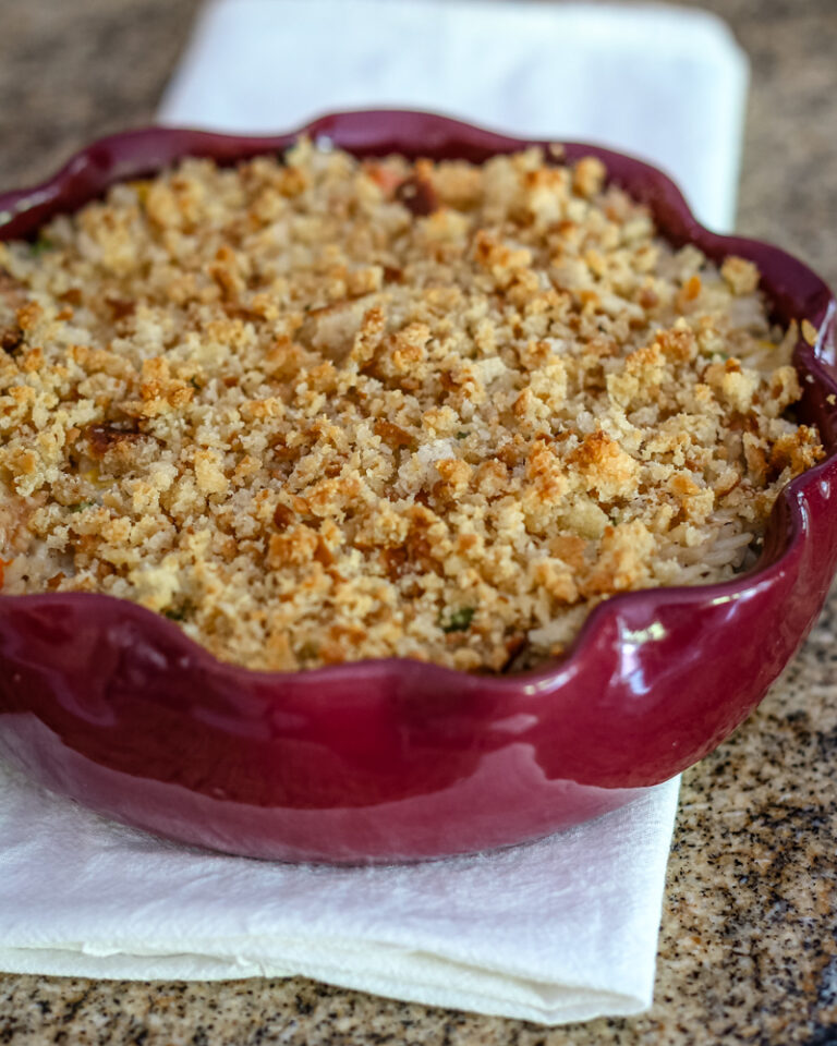 turkey and rice casserole in a baking dish
